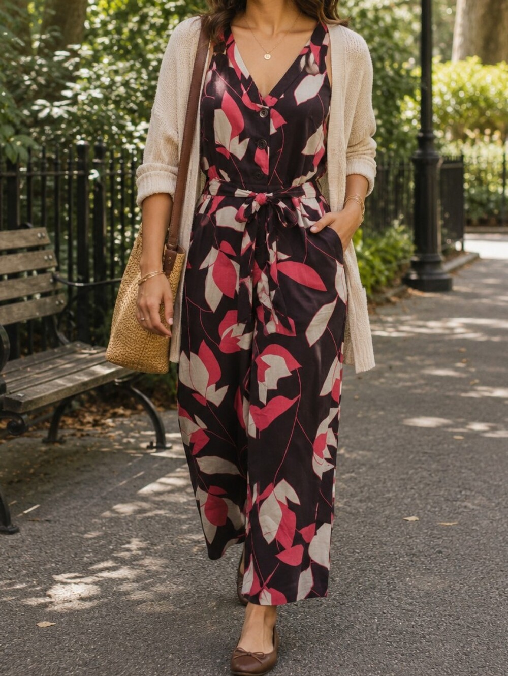 Modcloth Brown Pink Floral Jumpsuit